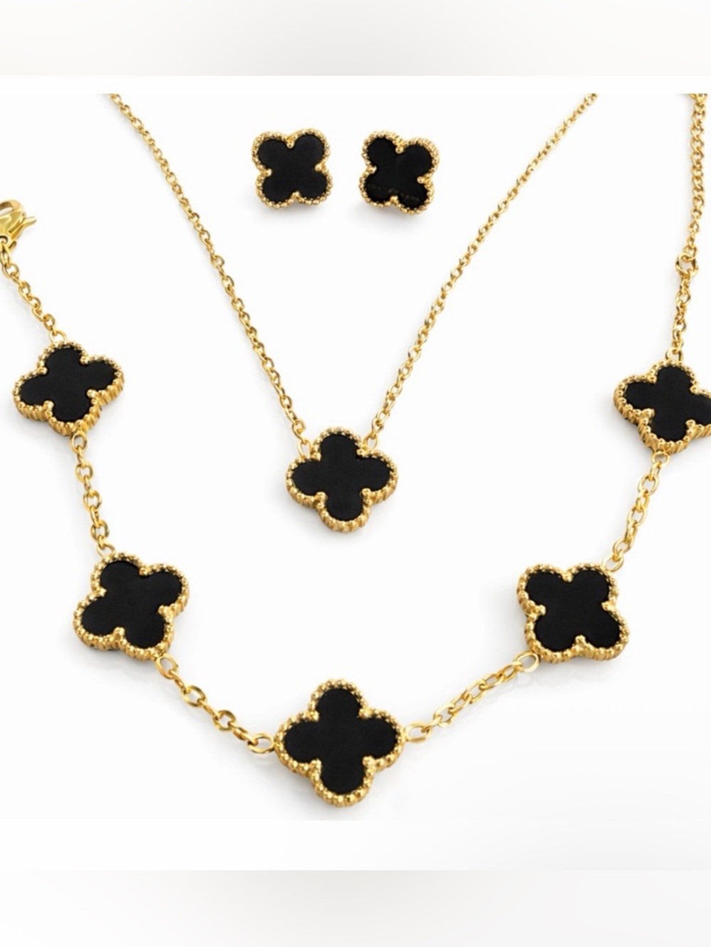 Gold-Plated Black Clover Pendant Necklace - Women's Jewelry